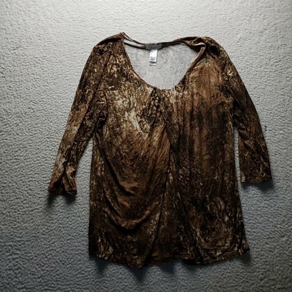 Lizwear Blouse Womens 2XL Brown Scoop Neck 3/4 Sleeve Textured Tunic Top